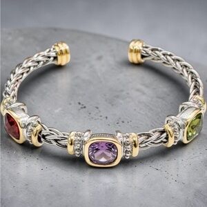 Multi-Gem Two-Tone Twisted Cable Cuff Bracelet Adjustable